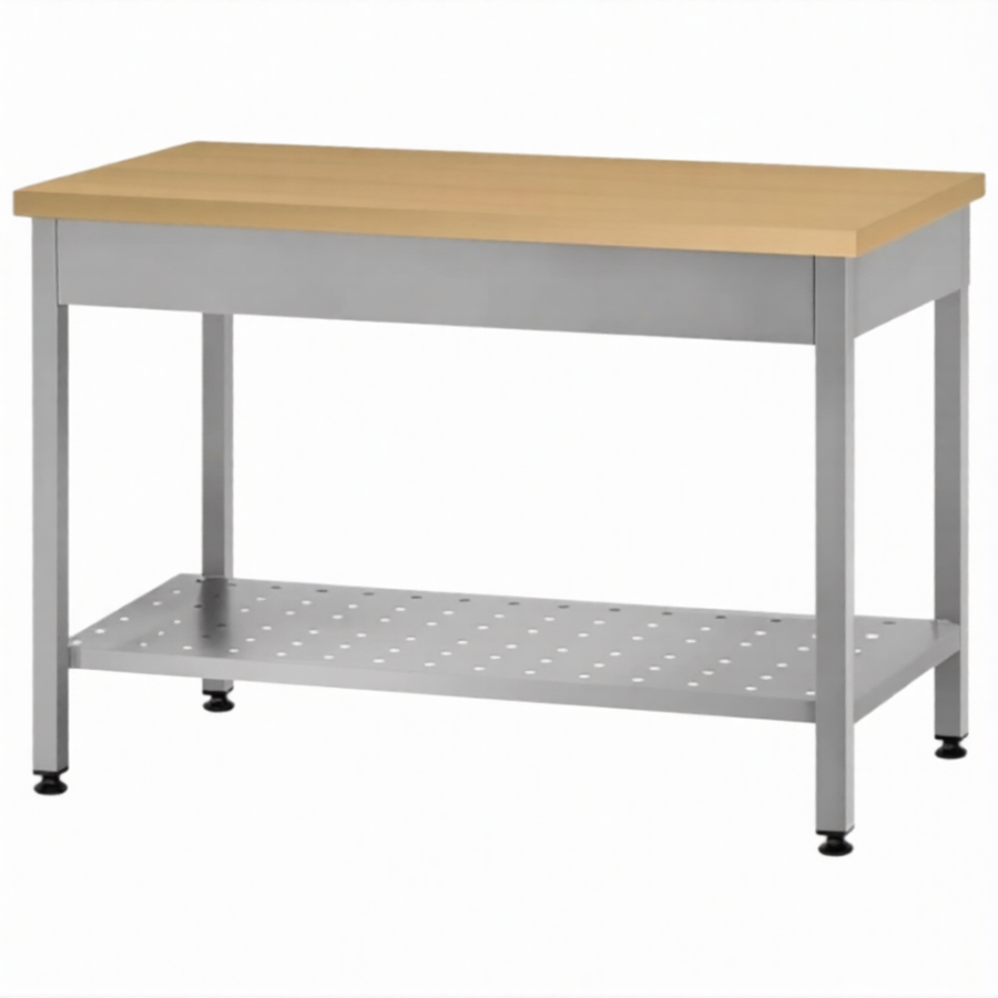 Стол кондитерский СПРп 860х1500х700 «Profi Ral», на 6-ти ногах, бук/40 (полка перфорация)