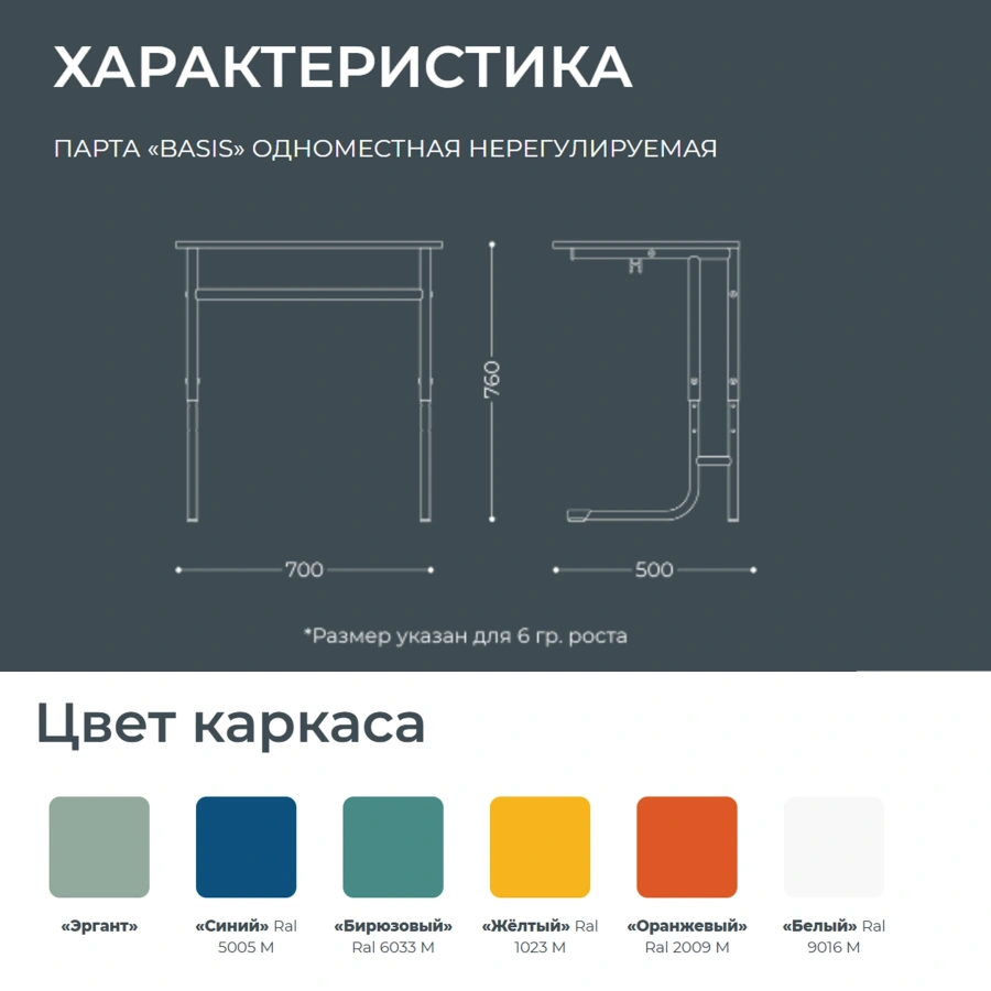 Школьная парта 1-местная Basis (модель ПШ7/1)