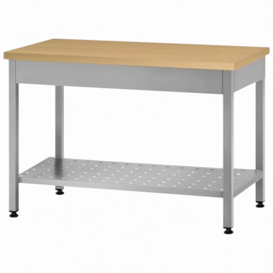 Стол кондитерский СПРп 860х1500х700 «Profi Ral», на 6-ти ногах, бук/40 (полка перфорация)